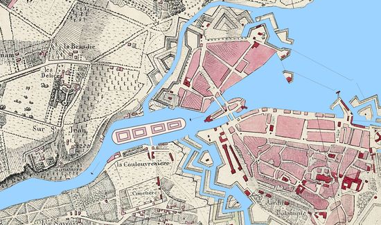 Reconstitution du projet d’île industrielle par G. H. Dufour (1848) sur la base de la carte Mayer de 1822 (BGE)