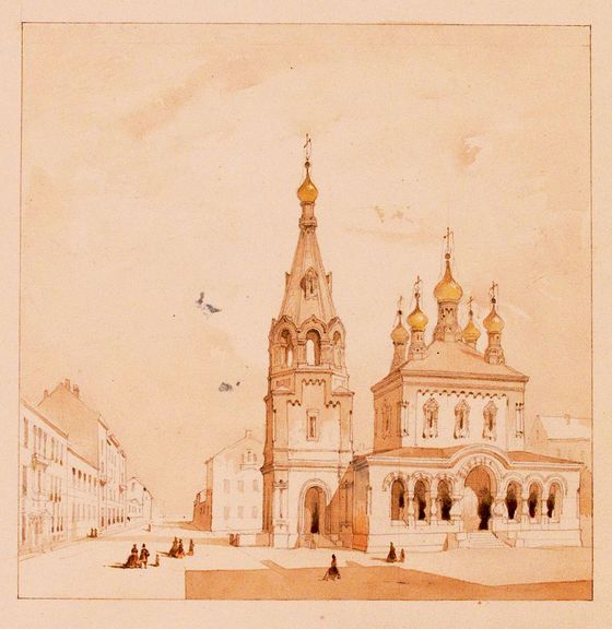 David Grimm, croquis de l’église russe de Genève avec un campanile
