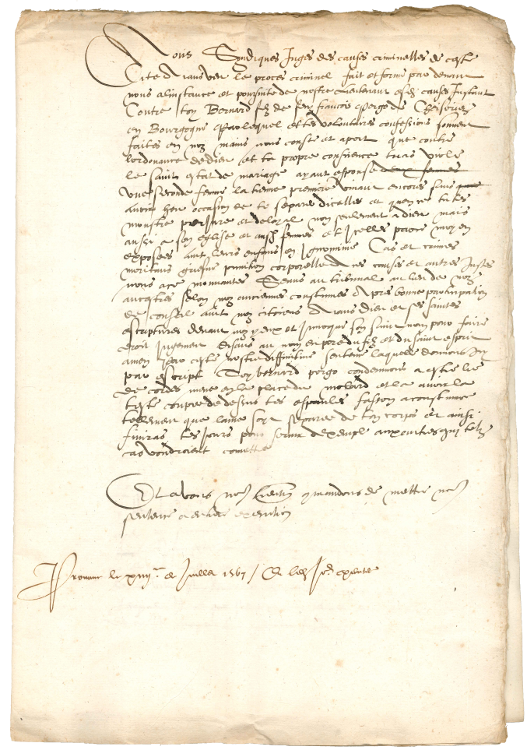 Sentence prononcée contre Bernard Pergot, décapité pour bigamie (1567)