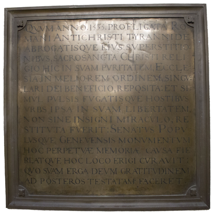 Inscription commémorative des événements de 1535. Plaque posée en 1558 sur la façade de la Maison de Ville